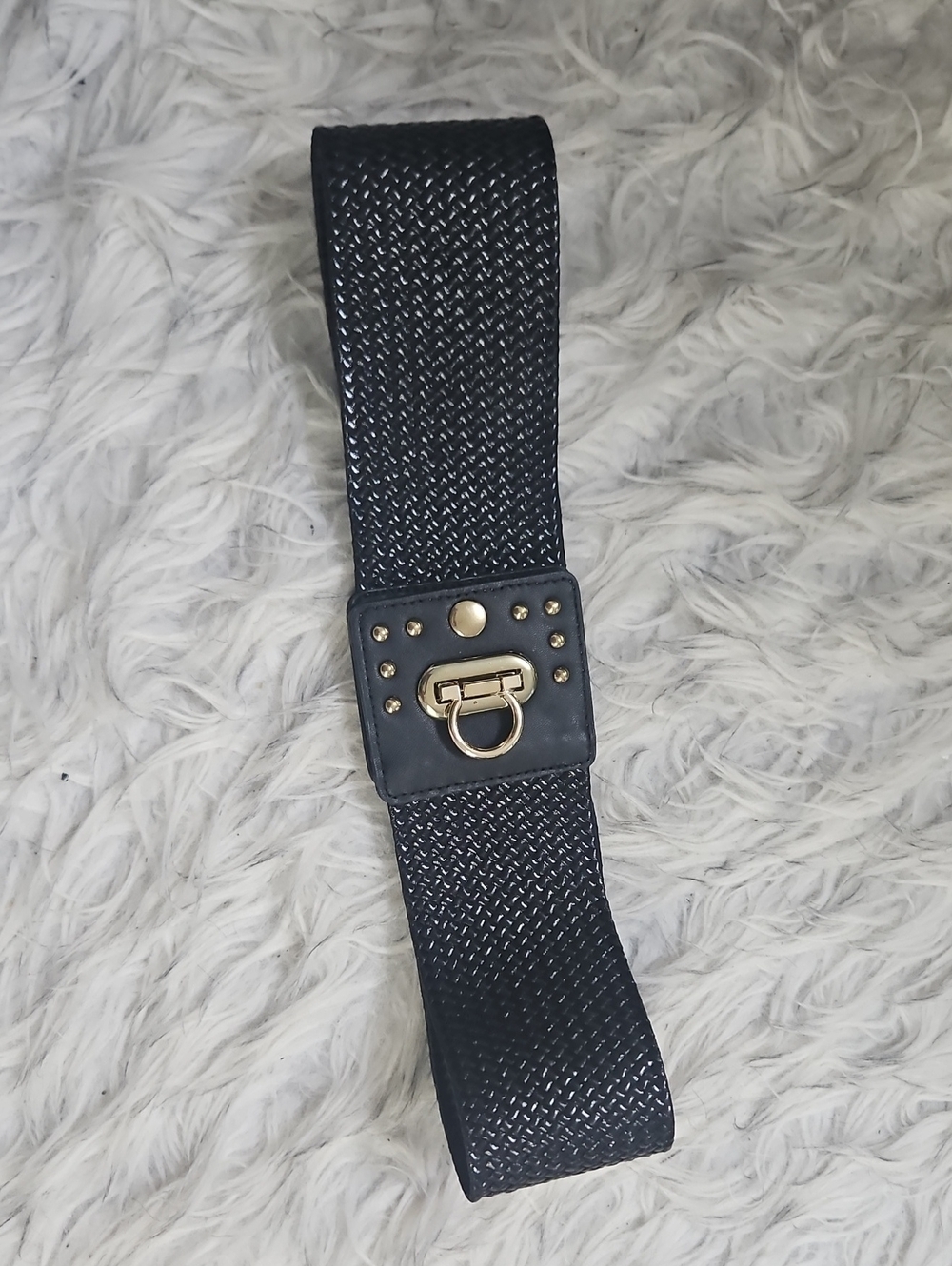 Cache Black Elastic Waist Belt with Gold-Tone Buckle